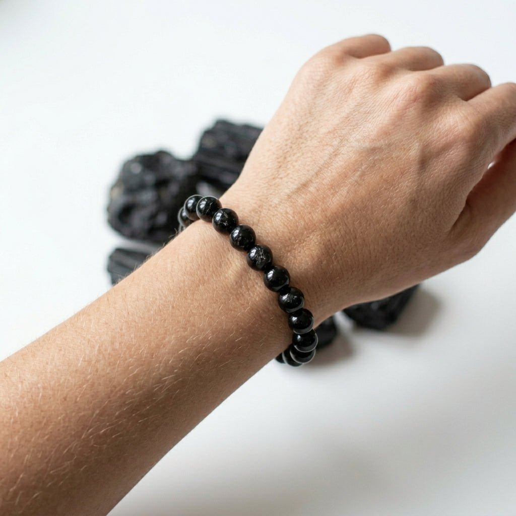 Natural Black Tourmaline Bracelet | Round Beads | Certified Original Gemstone Jewelry - GemKrishna