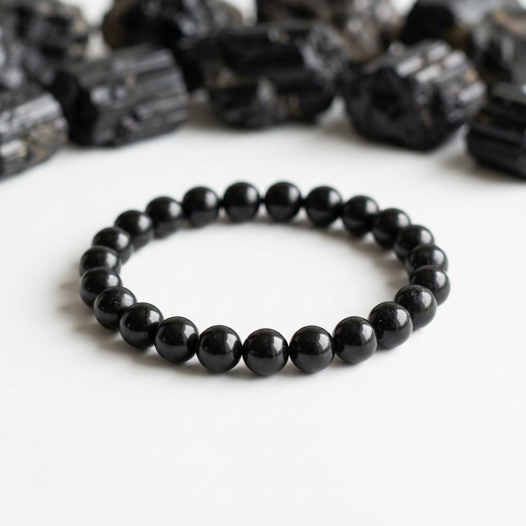 Natural Black Tourmaline Bracelet | Round Beads | Certified Original Gemstone Jewelry - GemKrishna