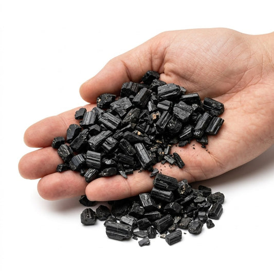 A hand holding a heap of small natural raw black tourmaline chips on a white background