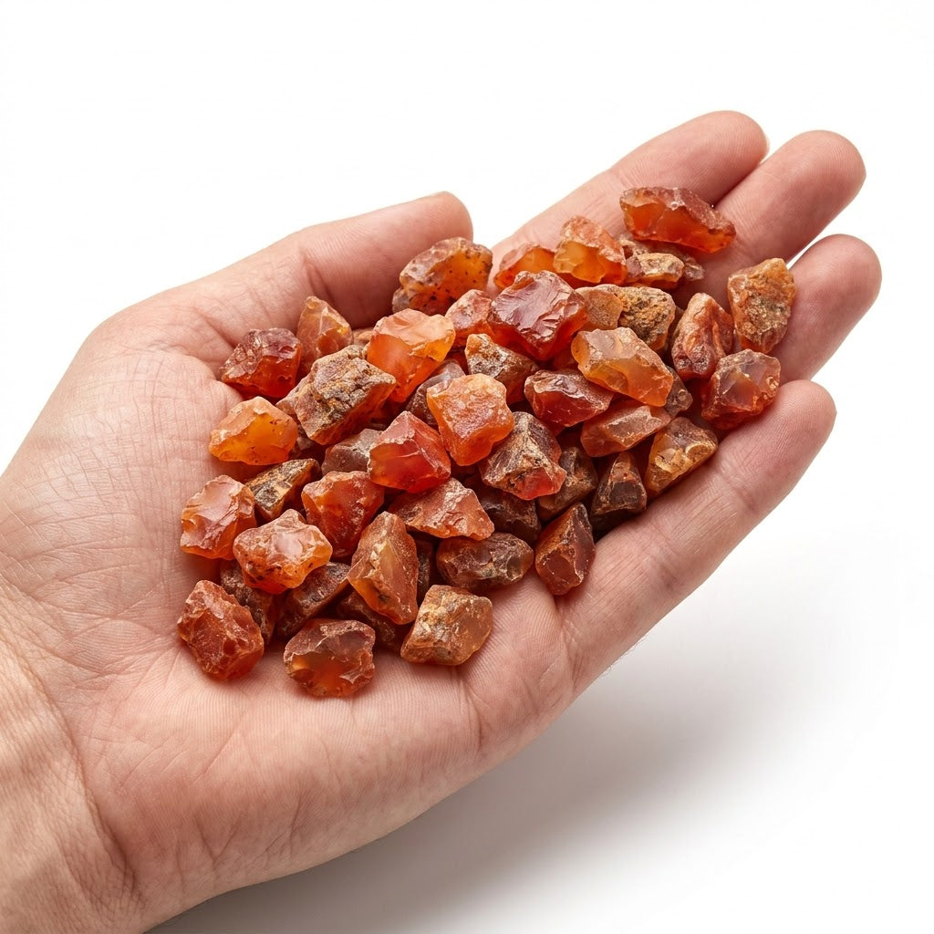 A hand holding a heap of natural raw carnelian chips on a white background