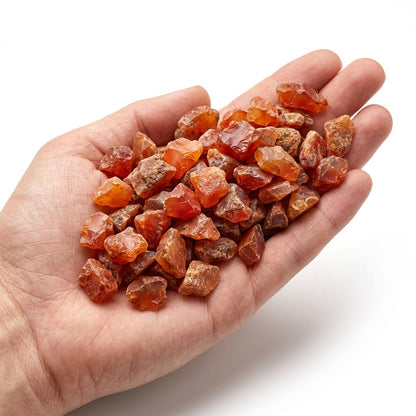 A hand holding a heap of natural raw carnelian chips on a white background