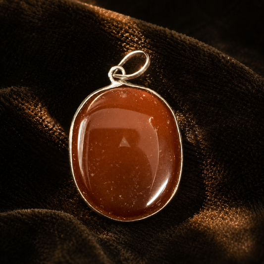 Natural carnelian locket pendant in oval bezel with silver-toned frame on dark fabric background