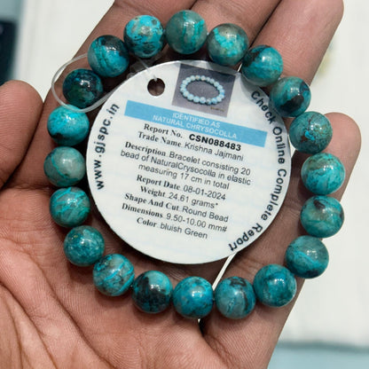 Natural Chrysocolla Bracelet 9.50 - 10 mm Blue Green Colour Lab Certified - GemKrishna