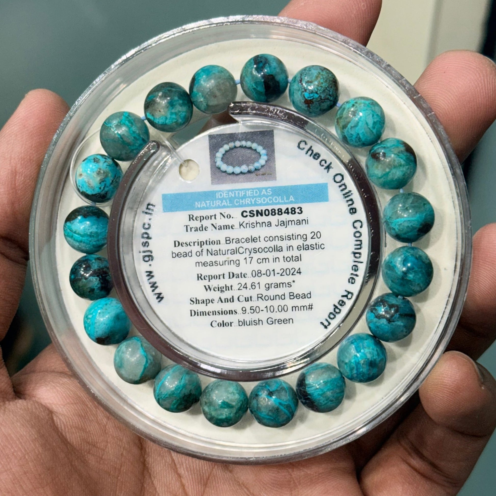 Natural Chrysocolla Bracelet 9.50 - 10 mm Blue Green Colour Lab Certified - GemKrishna