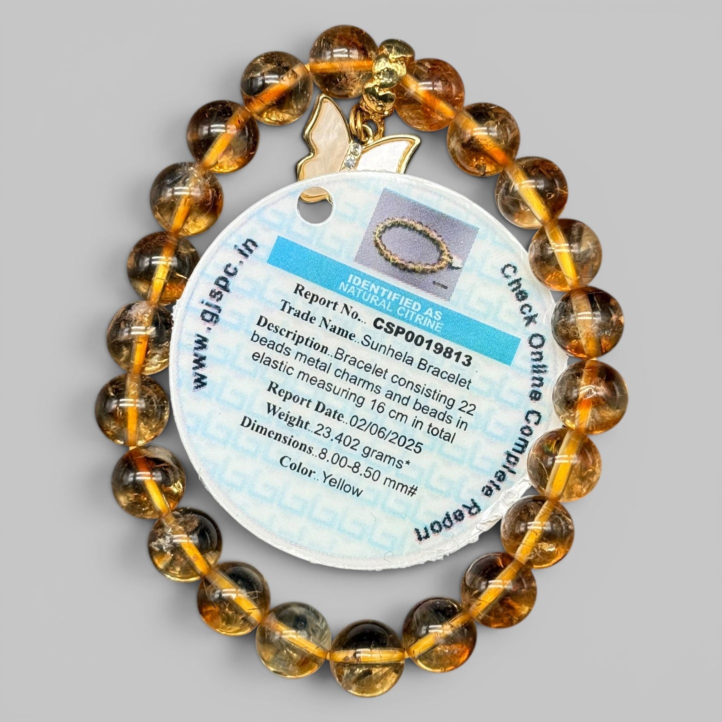 Natural Citrine AAA Bracelet with round translucent yellow beads and a butterfly charm tag