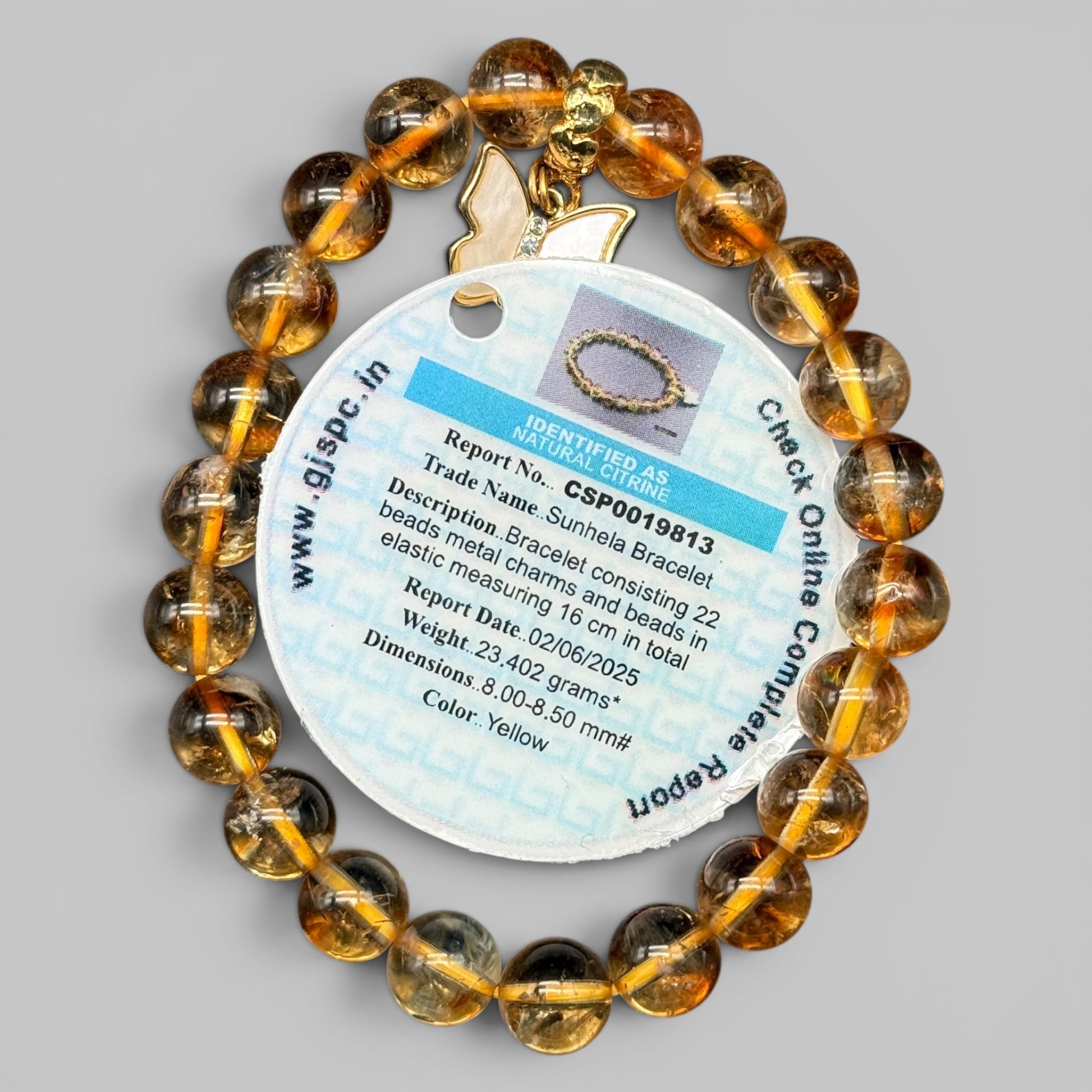 Natural Citrine AAA Bracelet with round translucent yellow beads and a butterfly charm tag