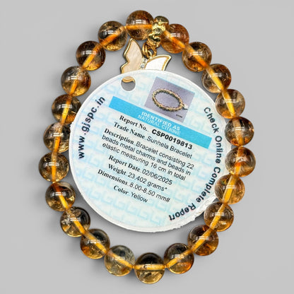 Natural Citrine AAA Bracelet with round translucent yellow beads and a butterfly charm tag