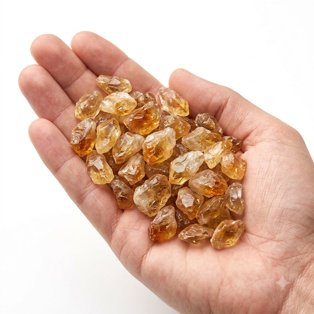 A hand holding a heap of natural raw citrine chips on a white background