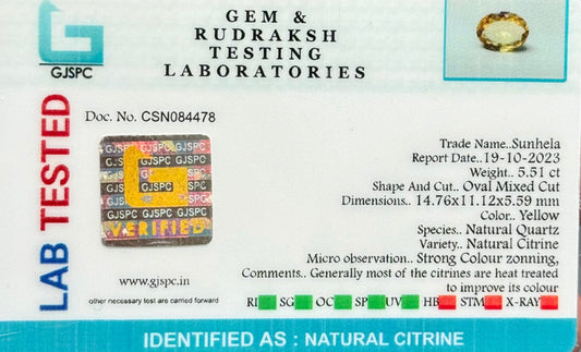 Gem lab report card showing natural citrine oval mixed cut details
