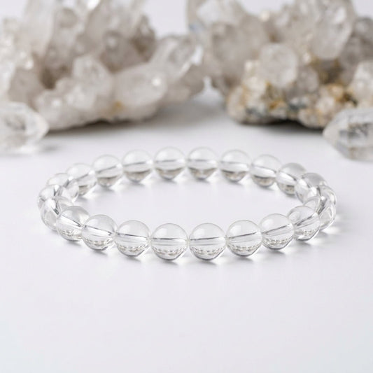Natural Clear Quartz Bracelet | Round Beads | Certified Original Gemstone Jewelry - GemKrishna