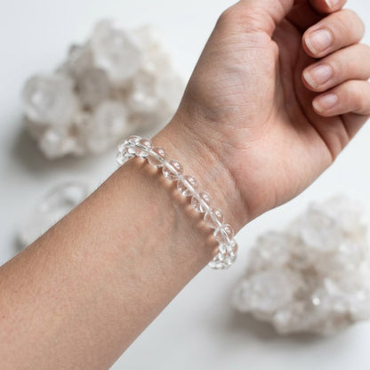 Natural Clear Quartz Bracelet | Round Beads | Certified Original Gemstone Jewelry - GemKrishna