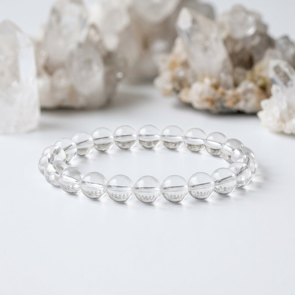 Natural Clear Quartz Bracelet | Round Beads | Certified Original Gemstone Jewelry - GemKrishna