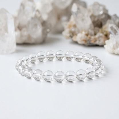Natural Clear Quartz Bracelet | Round Beads | Certified Original Gemstone Jewelry - GemKrishna