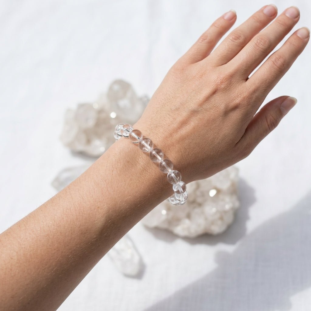 Natural Clear Quartz Bracelet | Round Beads | Certified Original Gemstone Jewelry - GemKrishna