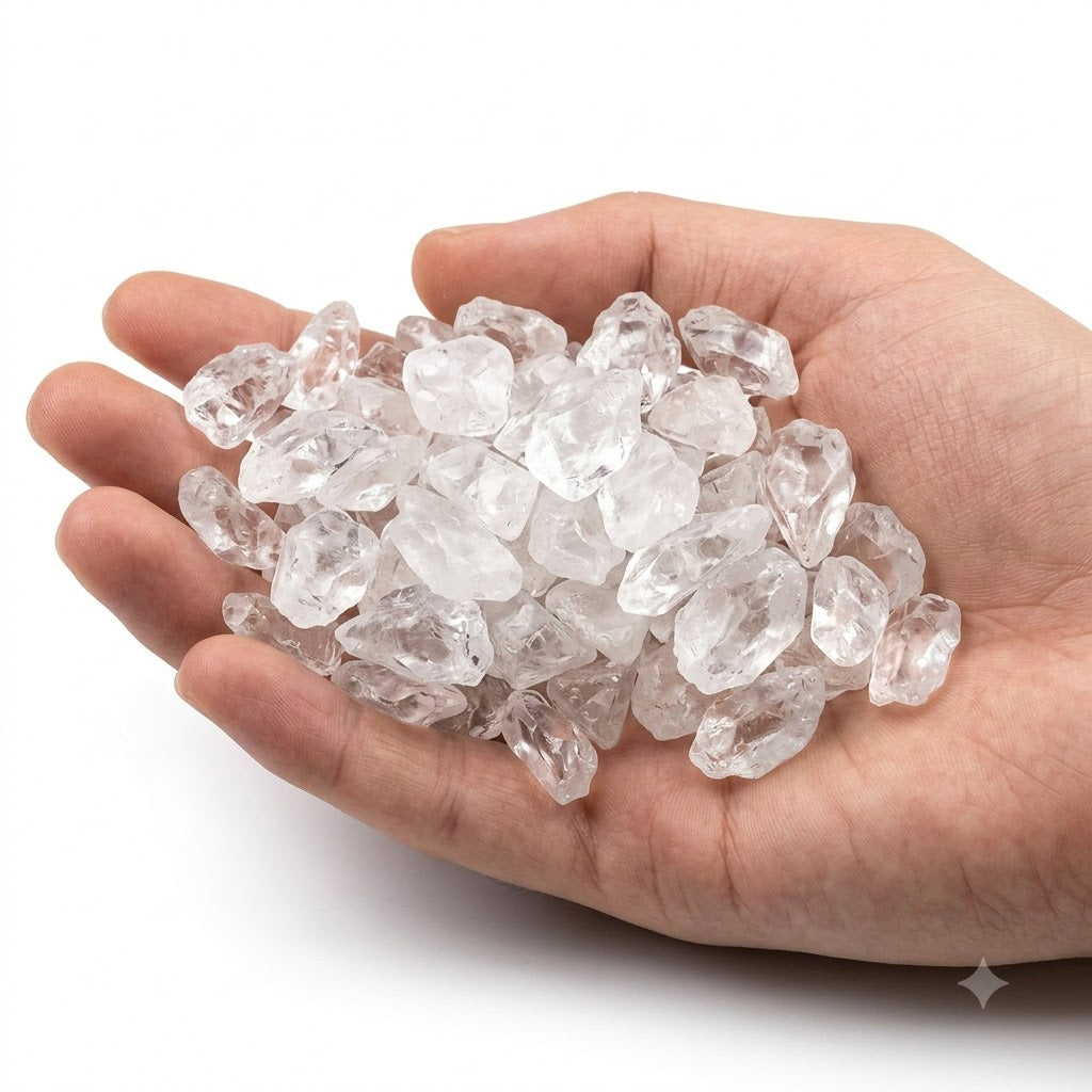 A hand holding a heap of natural raw clear quartz chips on a white background
