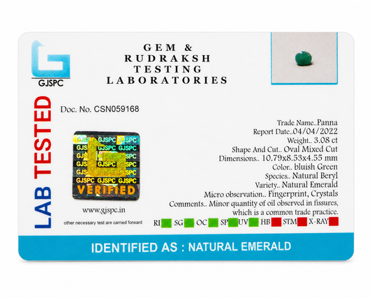 GJS laboratory report card identifying natural emerald with weight 3.08 ct