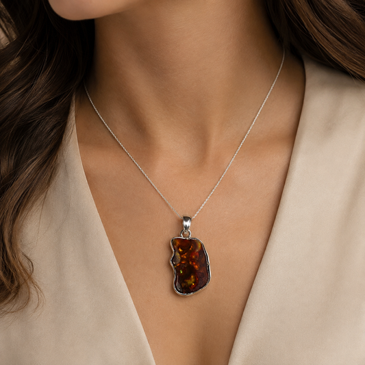 Natural fire agate 925 silver freeform pendant necklace worn on model neckline
