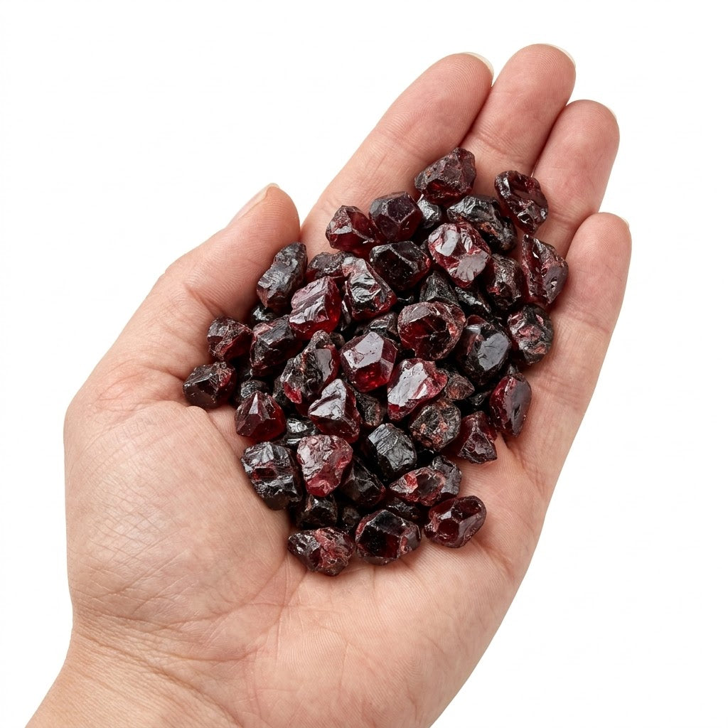 A hand holding a heap of natural raw garnet chips on a white background