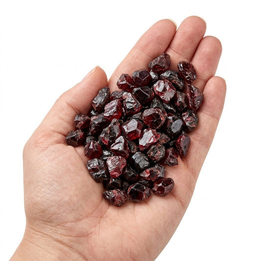 A hand holding a heap of natural raw garnet chips on a white background