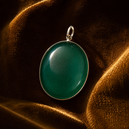 Natural green onyx locket pendant with gold-tone oval frame on dark fabric