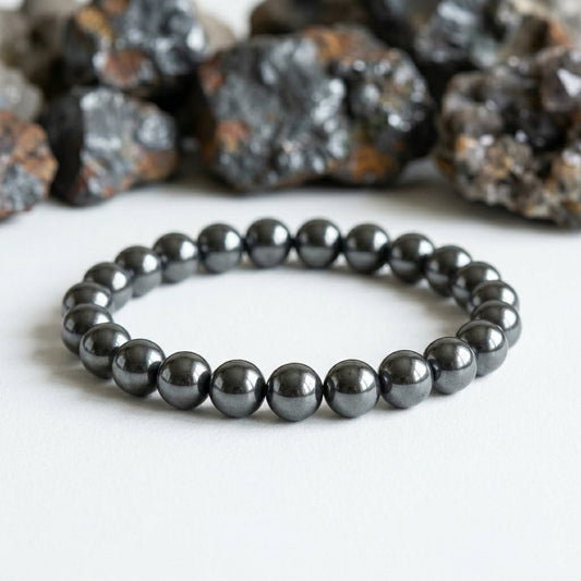 Natural Hematite Bracelet | Round Beads | Certified Original Gemstone Jewelry - GemKrishna