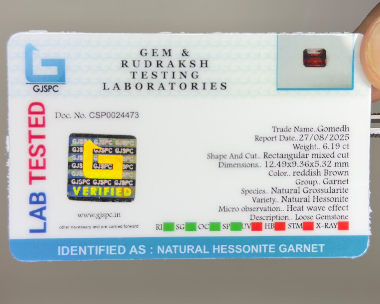 GJSPC Gem & Rudrakshh testing label for natural hessonite garnet gemstone