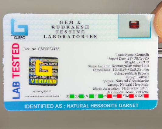 GJSPC Gem & Rudrakshh testing label for natural hessonite garnet gemstone