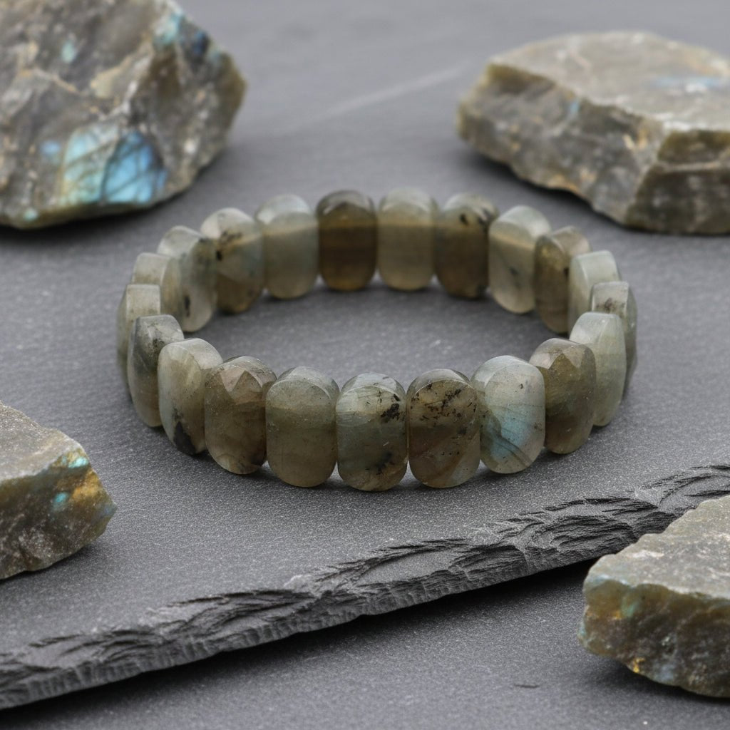 Natural labradorite bracelet with oval faceted beads on a slate stone background