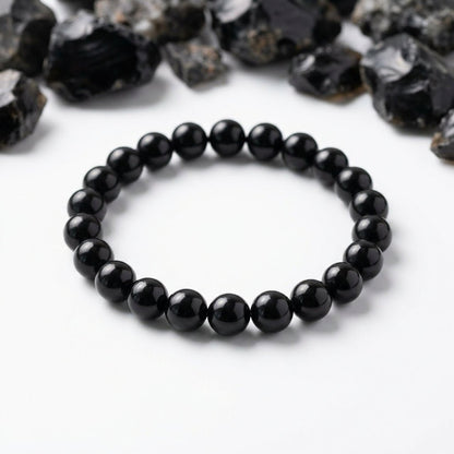 Natural Obsidian Bracelet | Round Beads | Certified Original Gemstone Jewelry - GemKrishna