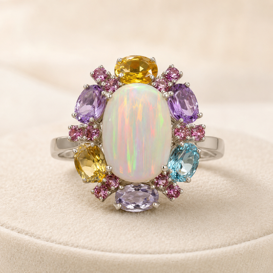 925 silver ring with natural opal center and oval multicolor gemstones on prong setting