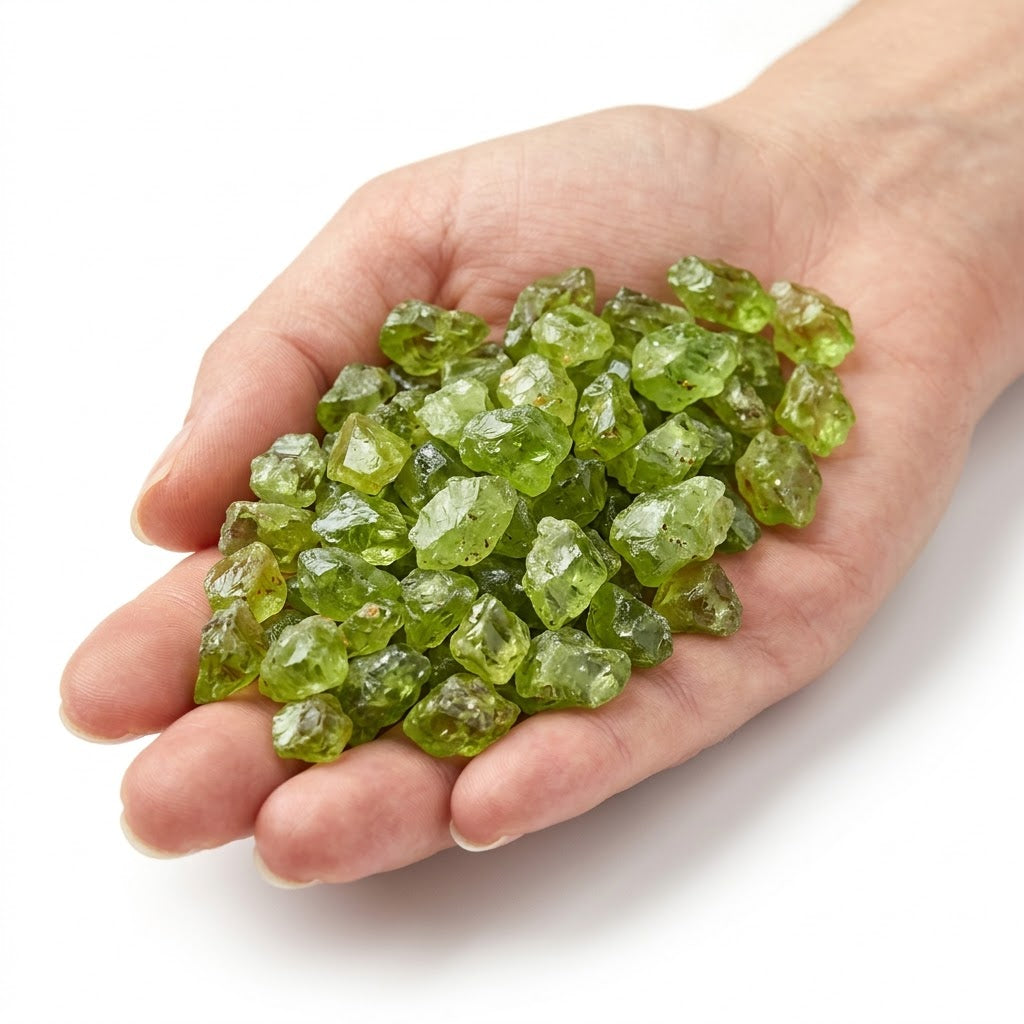 A hand holding a heap of natural raw peridot chips on a white background