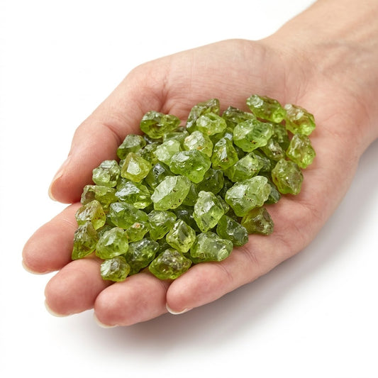 A hand holding a heap of natural raw peridot chips on a white background