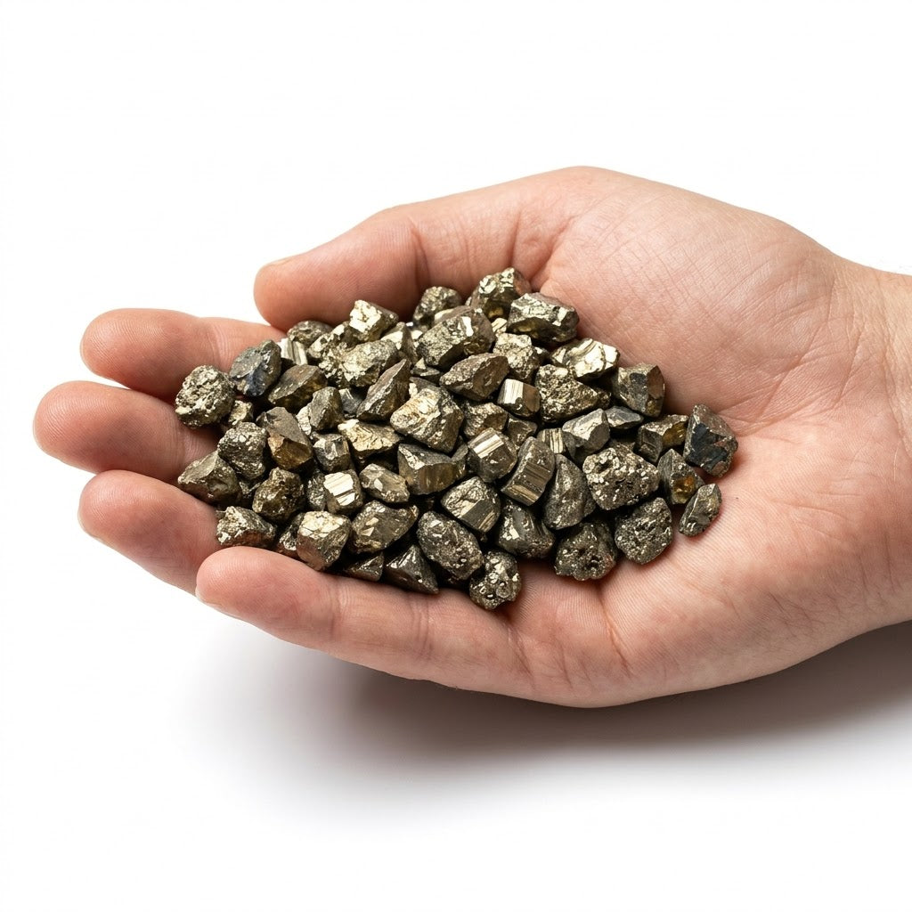 A hand holding a heap of natural raw pyrite chips on a white background