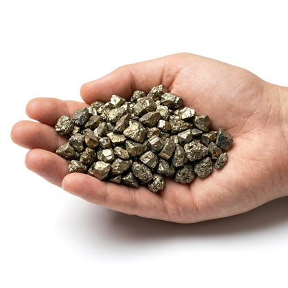 A hand holding a heap of natural raw pyrite chips on a white background