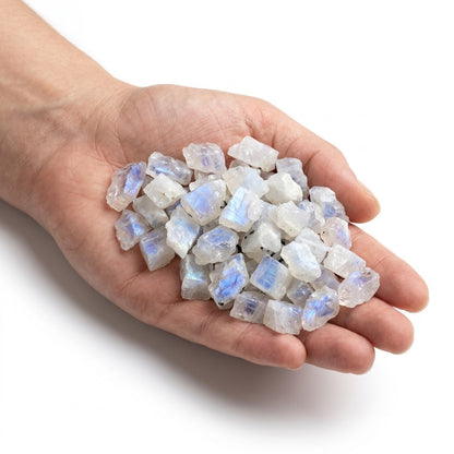 A hand holding a heap of natural raw rainbow moonstone chips on a white background
