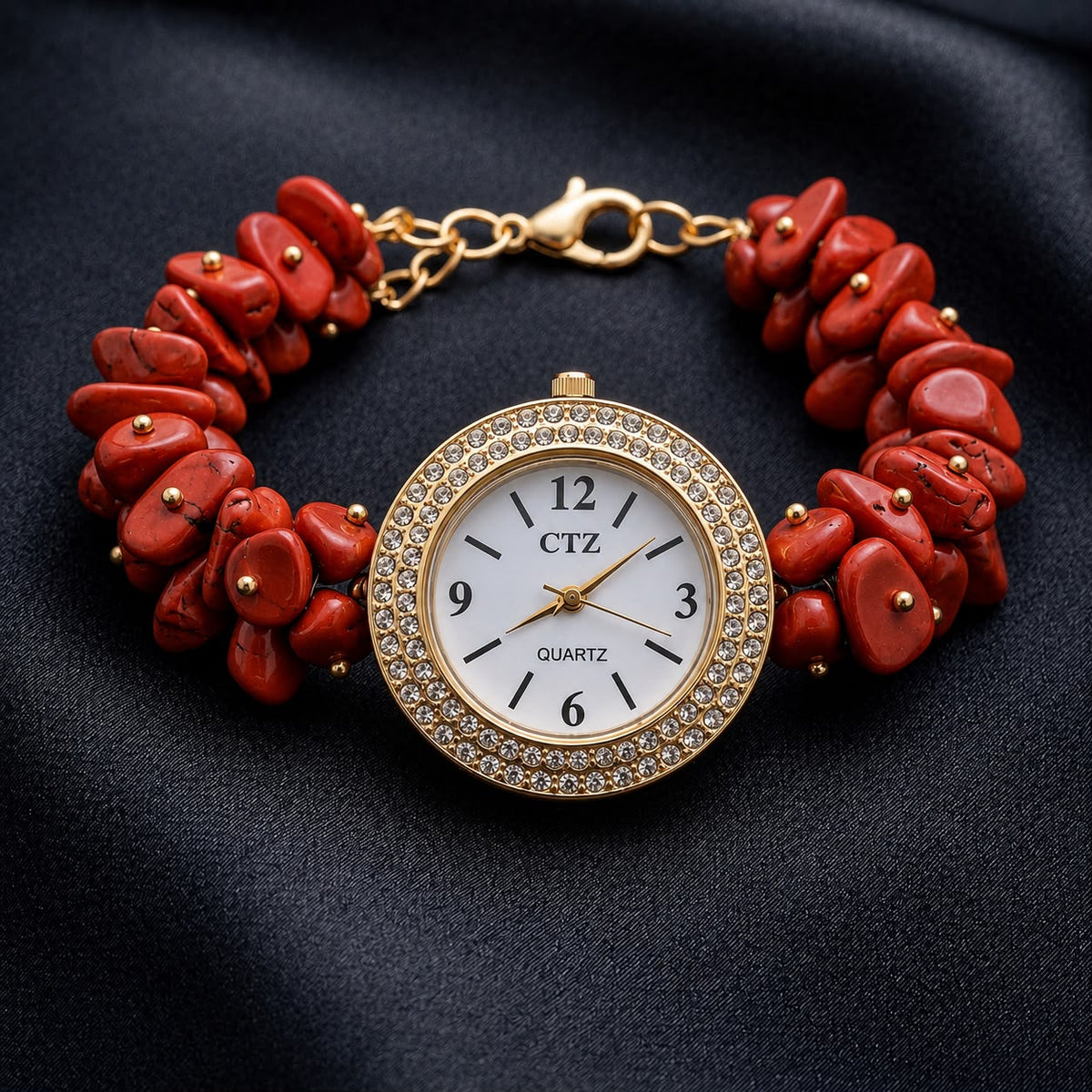 Natural red jasper bead wrist watch with crystal-studded luxury dial and gold-tone quartz face