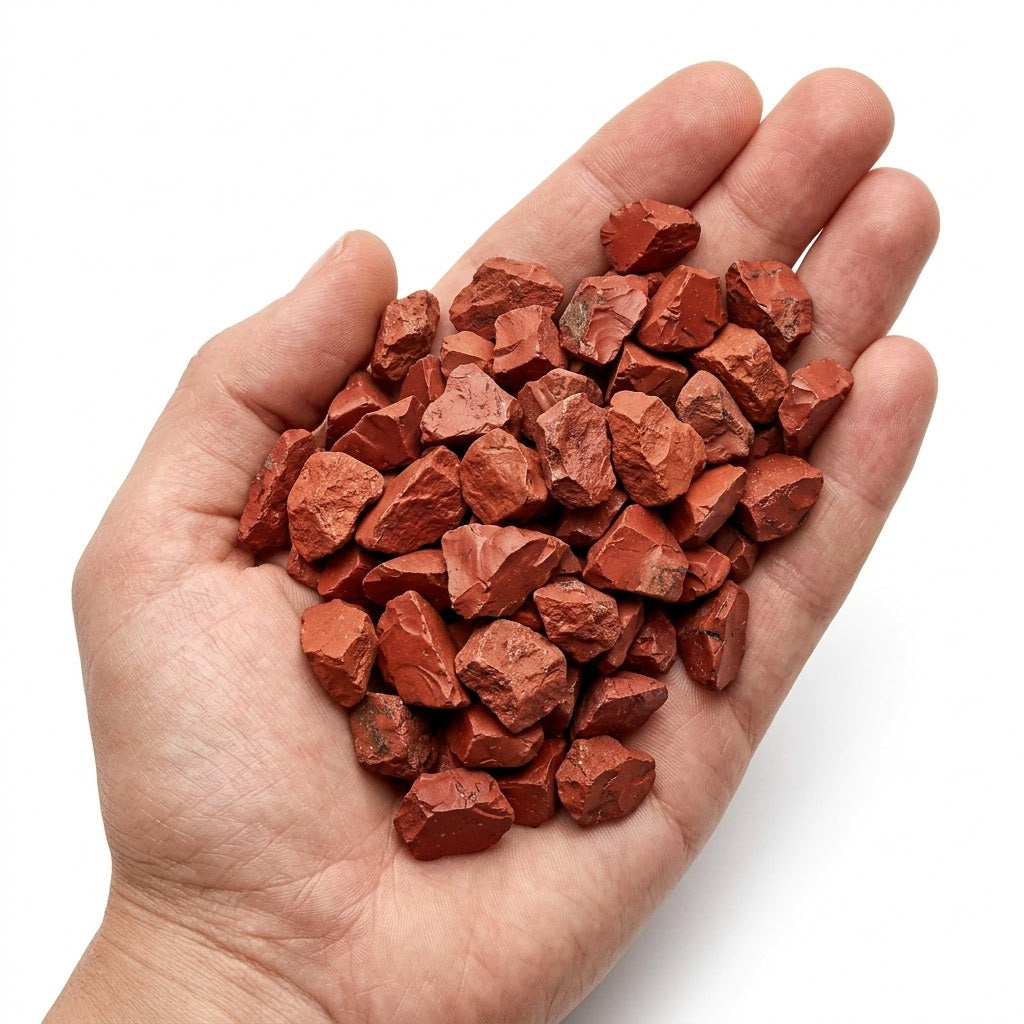 A hand holding a heap of natural raw red jasper chips on a white background