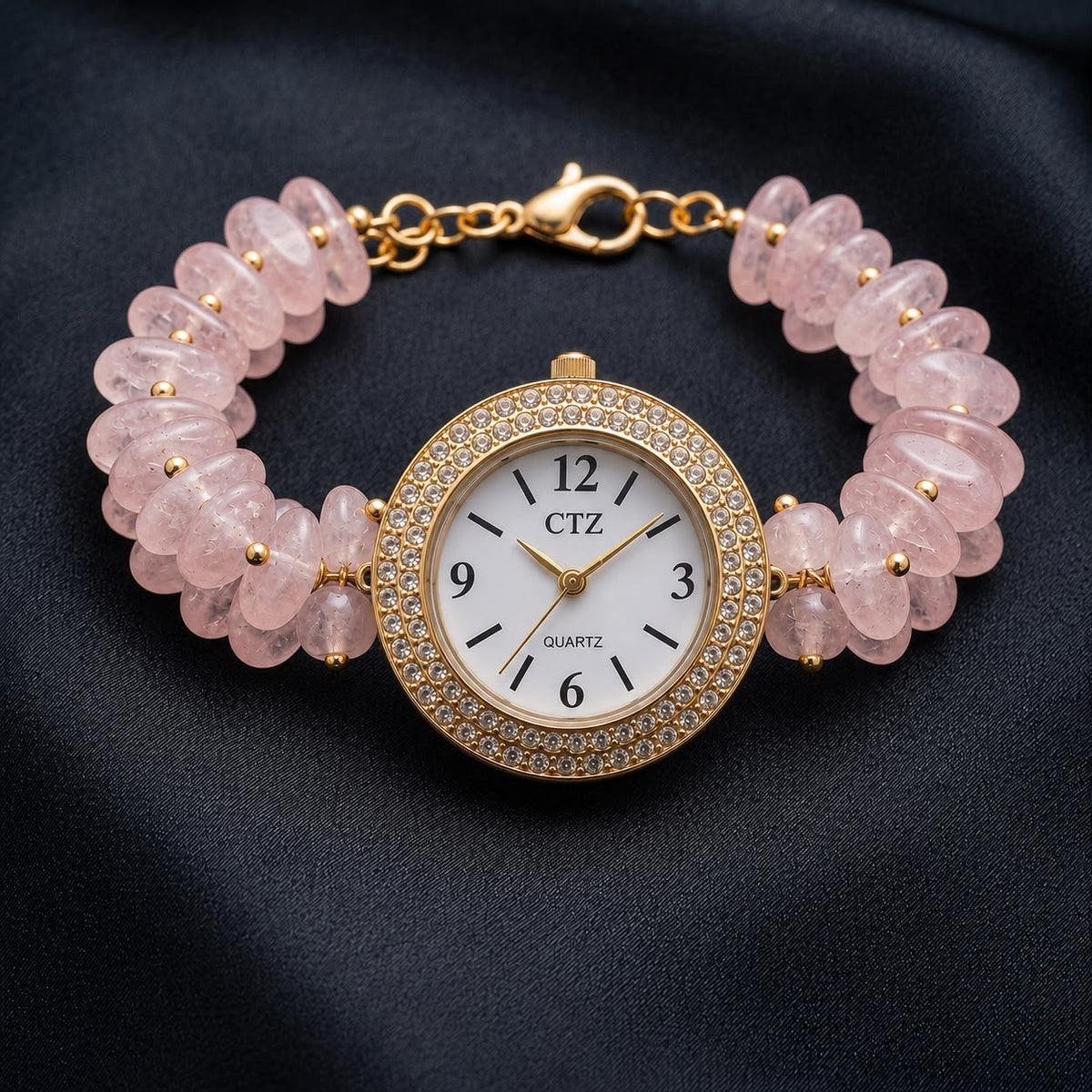 Natural rose quartz beaded wrist watch with gold-tone jeweled luxury dial and quartz face