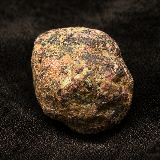 Natural rough hessonite garnet stone with multicolor speckled surface, close-up