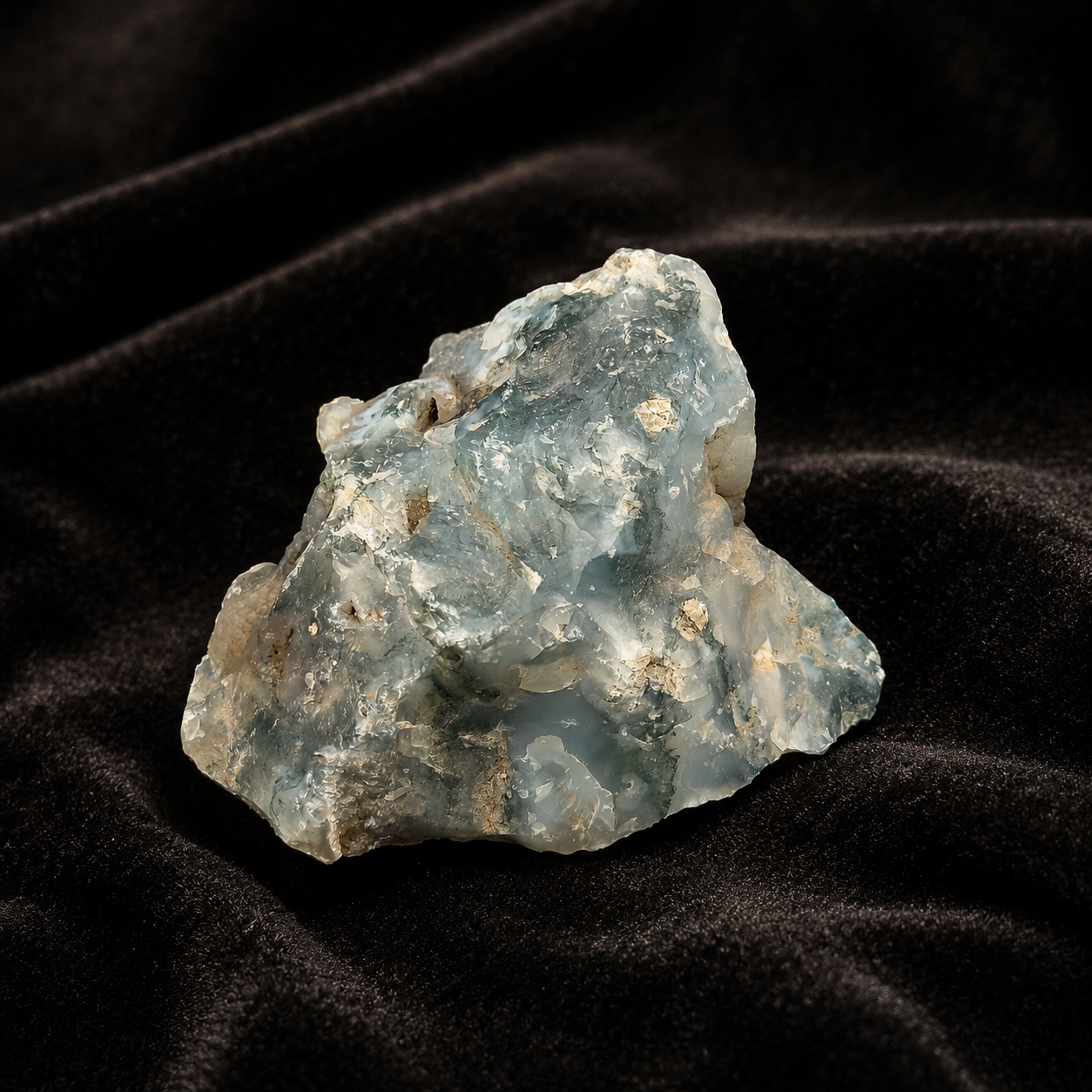 Natural rough moss agate stone with blue-green banded surface on dark fabric