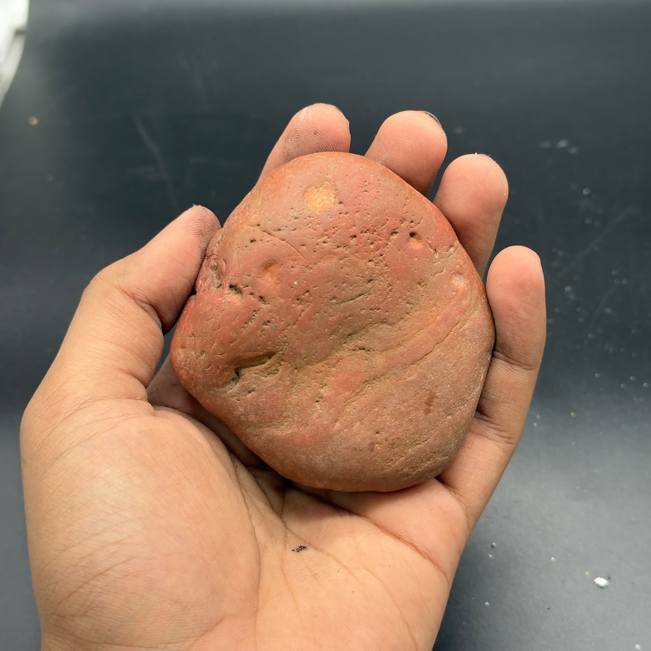 Natural rough red jasper stone held in hand, smooth pebble form with speckled texture