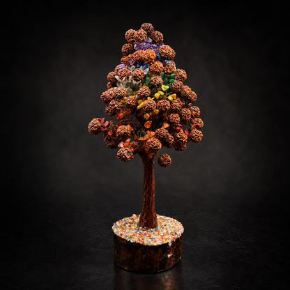 Natural Rudraksha 7 Chakra tree ornament showing multicolor chakra stones and textured trunk base