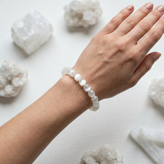 Natural Selenite Bracelet | Round Beads | Certified Original Gemstone Jewelry - GemKrishna