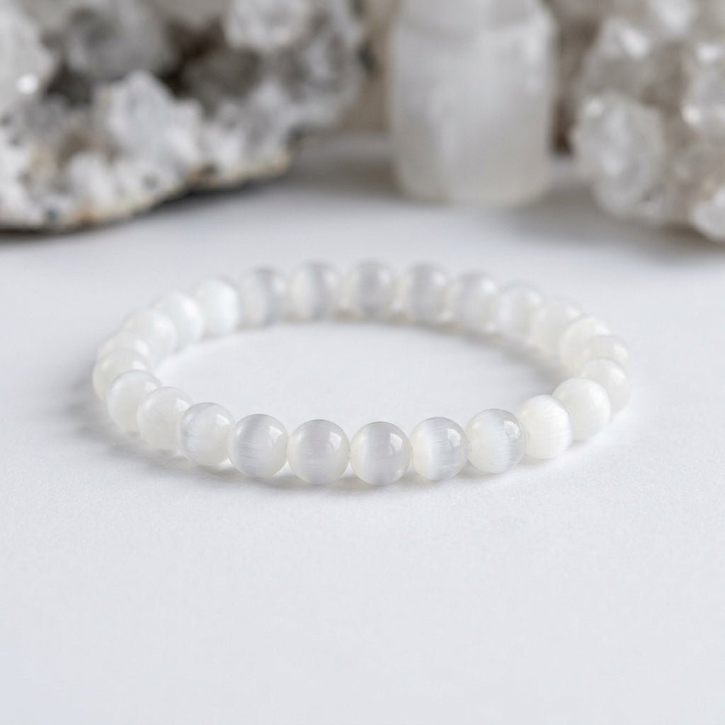 Natural Selenite Bracelet | Round Beads | Certified Original Gemstone Jewelry - GemKrishna