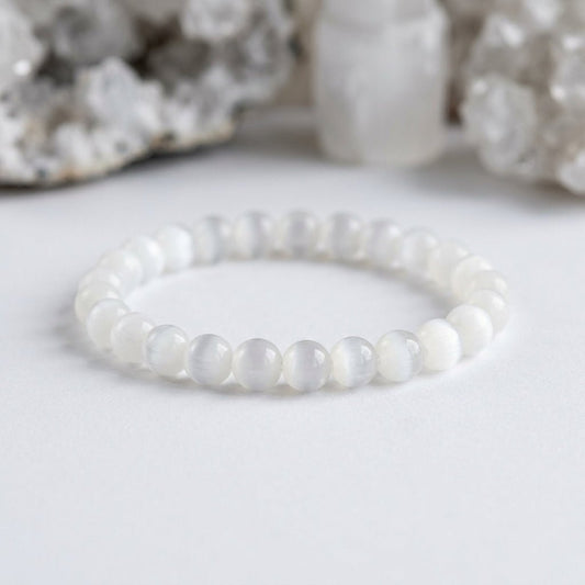 Natural Selenite Bracelet | Round Beads | Certified Original Gemstone Jewelry - GemKrishna