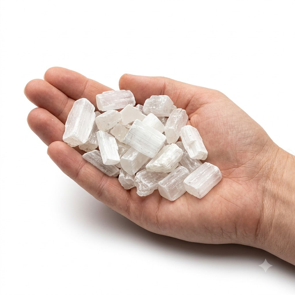 A hand holding a heap of natural raw selenite chips on a white background