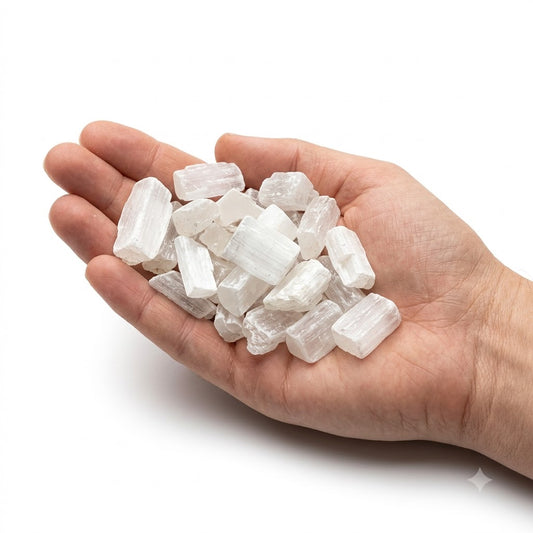 A hand holding a heap of natural raw selenite chips on a white background