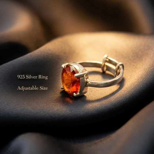 Natural Siloni Gomedh adjustable 925 silver ring with orange hessonite garnet on fabric