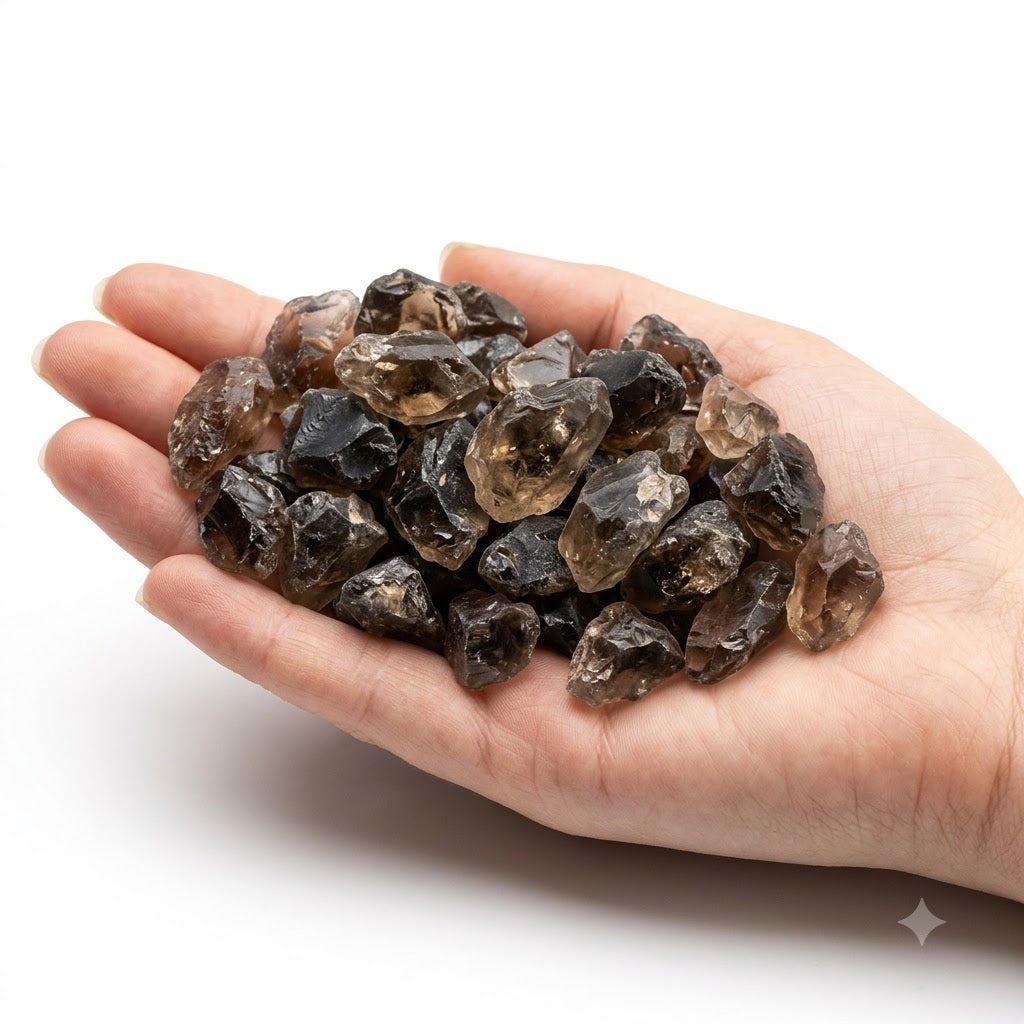 A hand holding a heap of natural raw smoky quartz chips on a white background