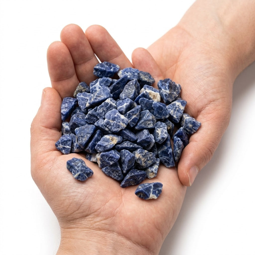 A hand holding a heap of natural raw sodalite chips on a white background